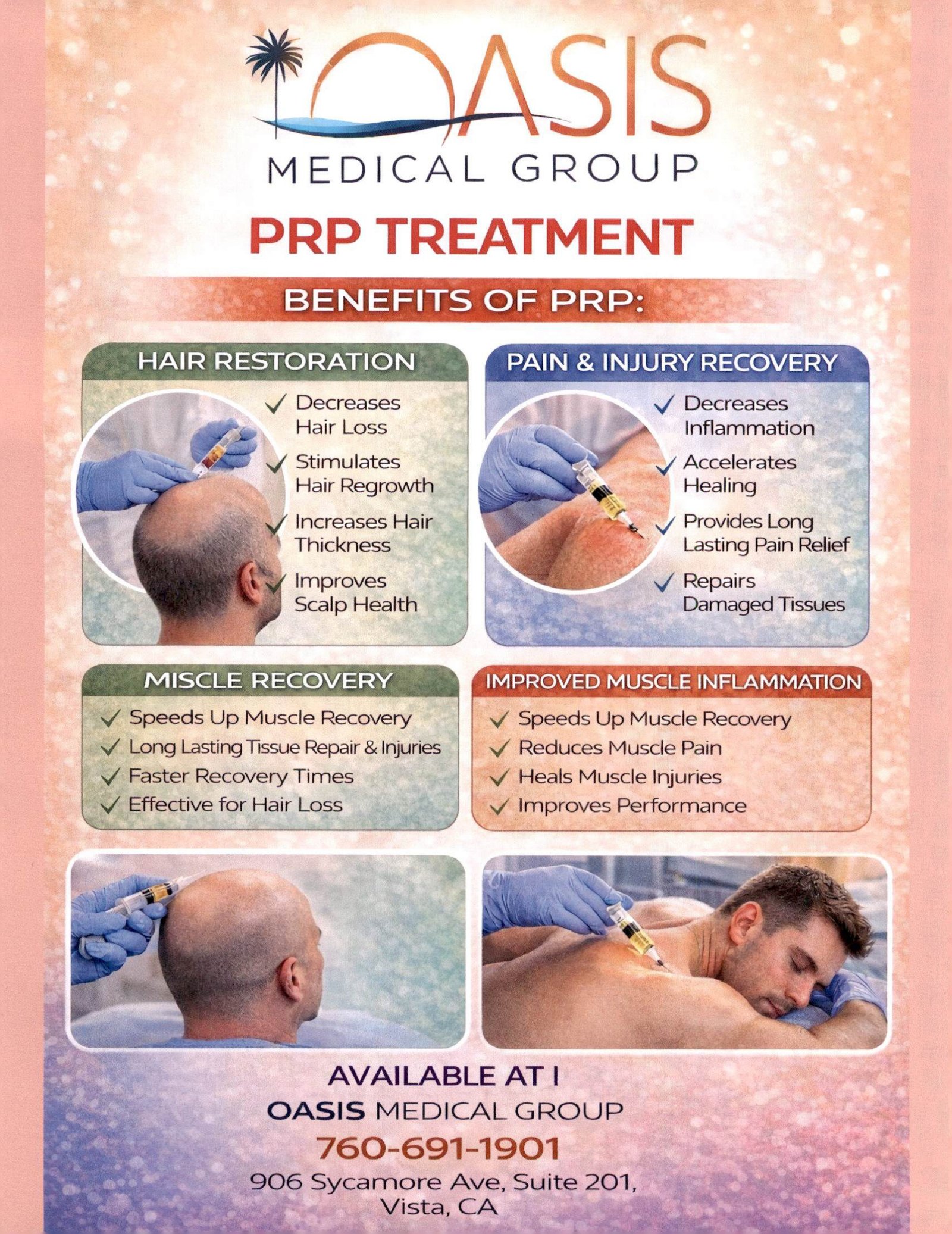 Oasis Medical Group PRP treatment infographic showing benefits for hair restoration, pain recovery, and muscle healing