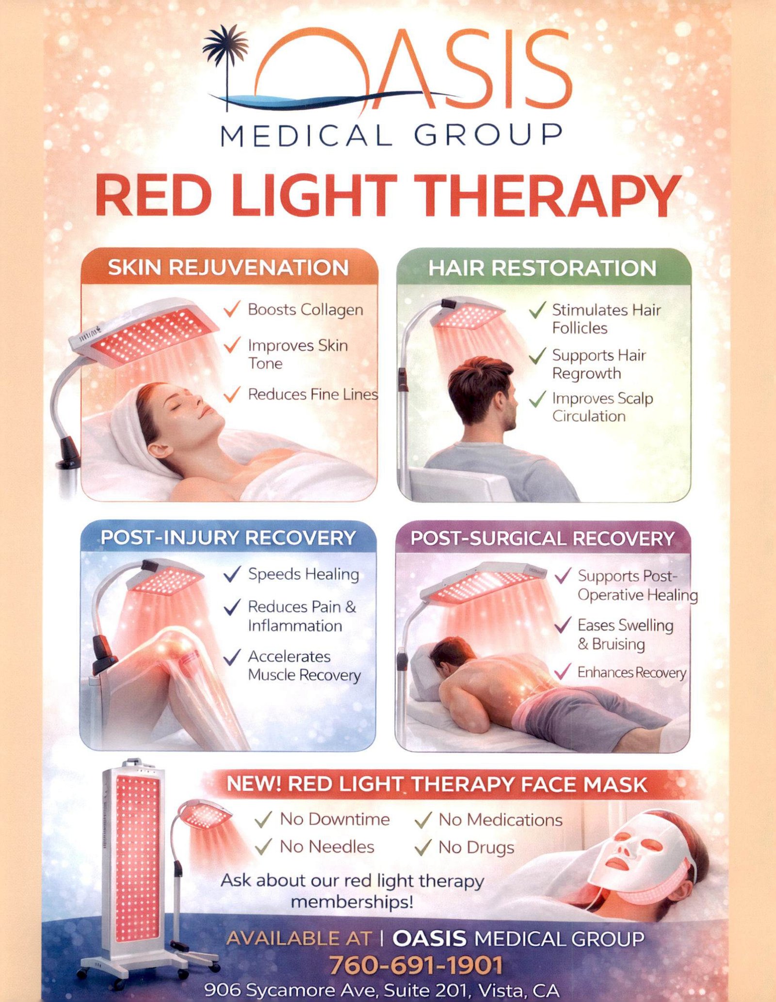Oasis Medical Group red light therapy infographic showing skin rejuvenation, hair restoration, and recovery benefits